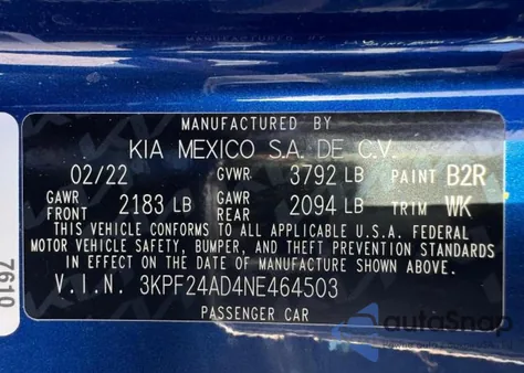 2022 Kia Forte Fe из США, поврежденный, VIN 3KPF24AD4NE464503